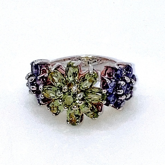 STERLING Amethyst Peridot Cocktail Silver Ring Huge 3 Flower Sz 5 Vintage - Picture 3 of 11